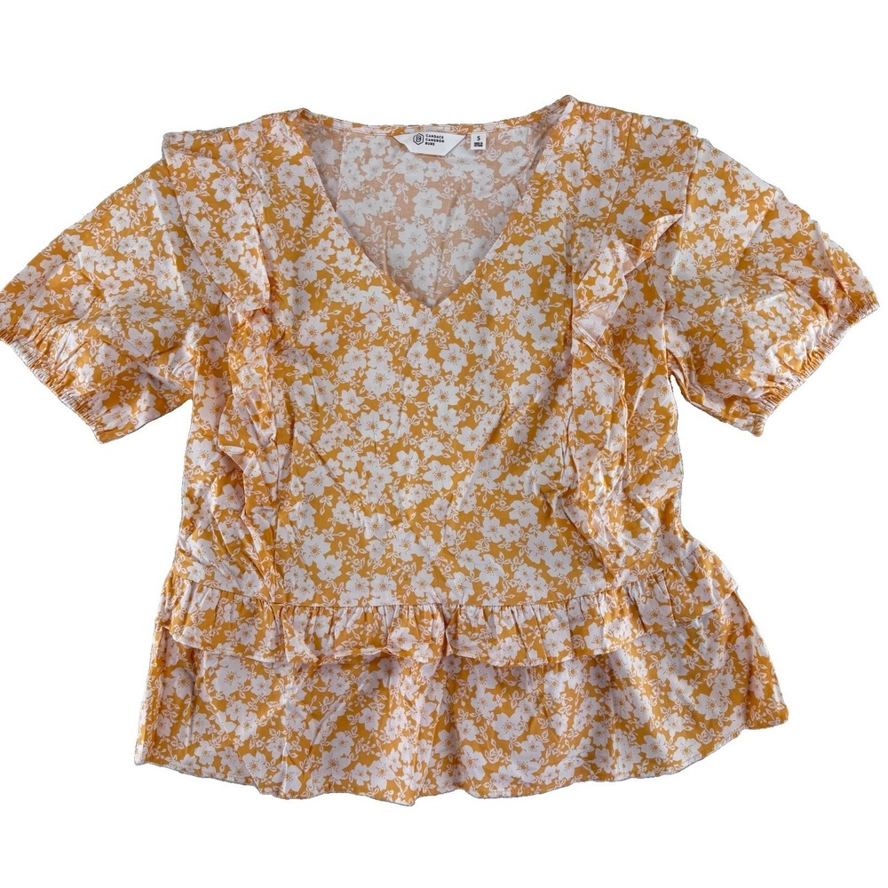 Candace Cameron Bure Ruggle Detail Peplum V Neck Blouse Top Small Apricot Orange